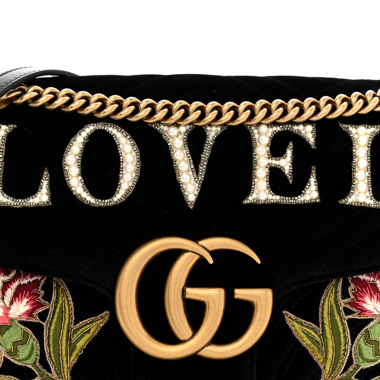 Velvet Matelasse Loved Embroidered Medium GG Marmont Shoulder Bag Black