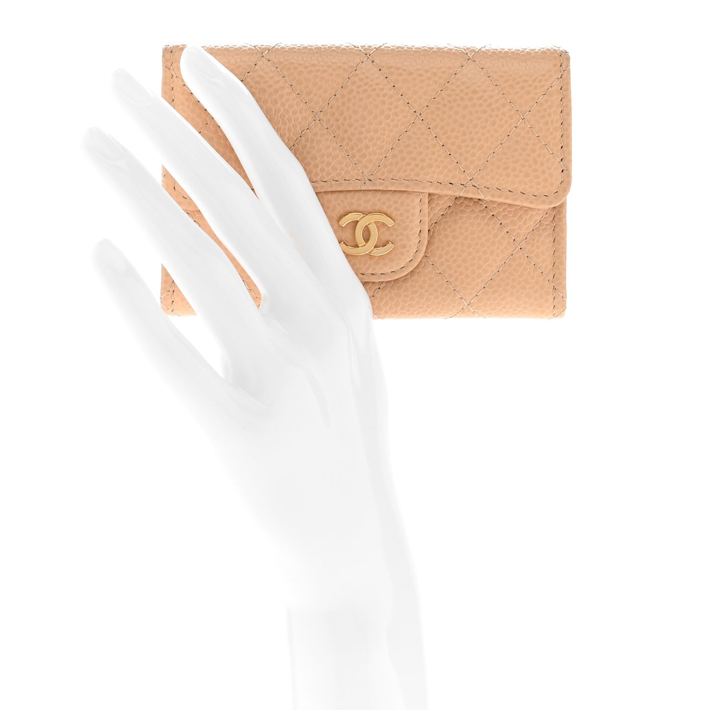 Caviar Quilted Flap Card Holder Wallet Beige