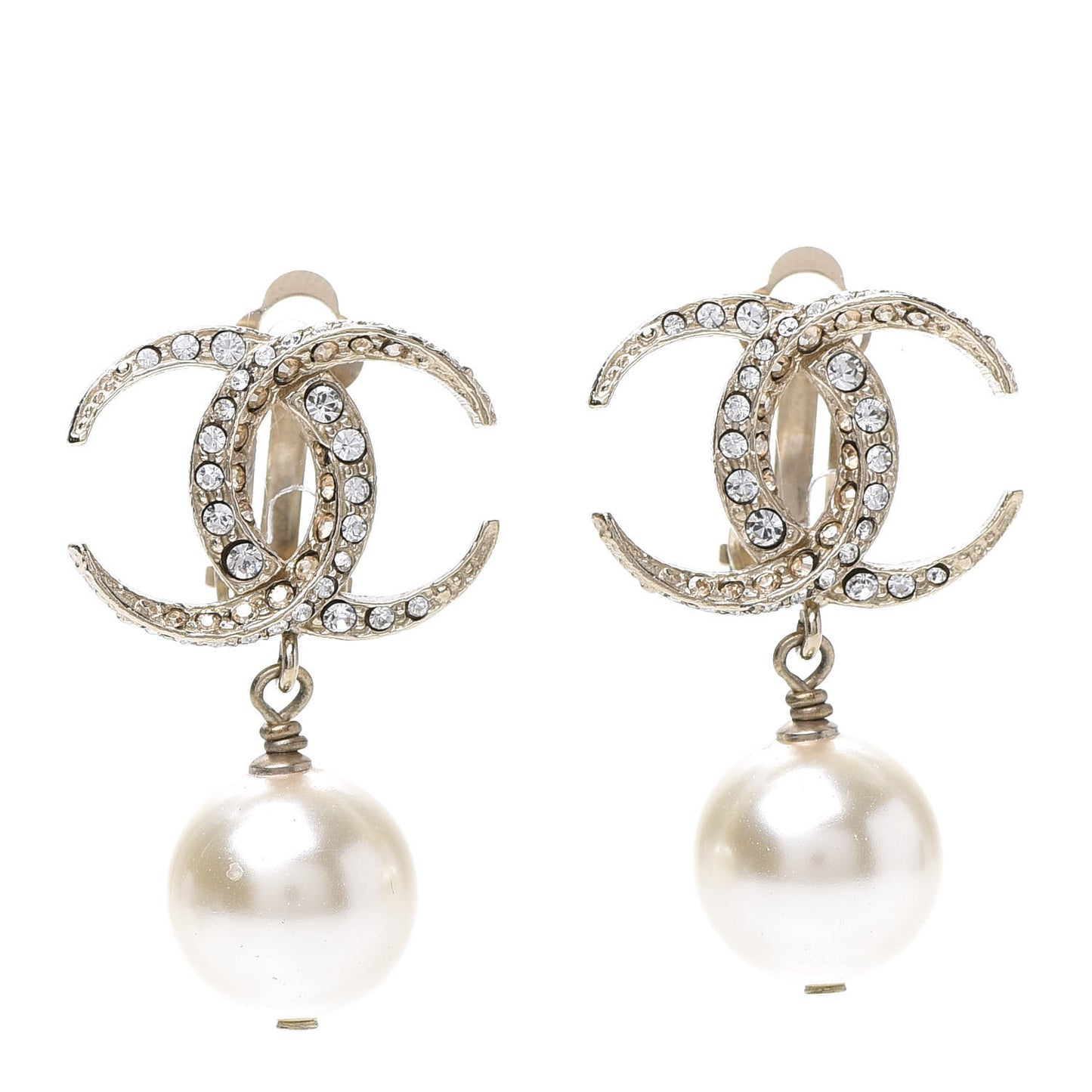 Crystal Pearl CC Moon Drop Clip On Earrings Gold