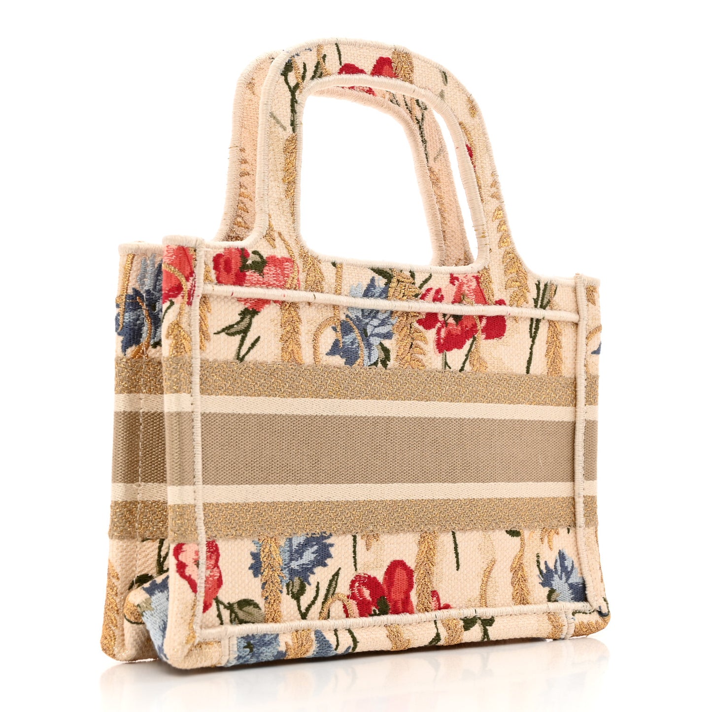 Canvas Embroidered Hibiscus Printed Mini Book Tote Beige Multicolor