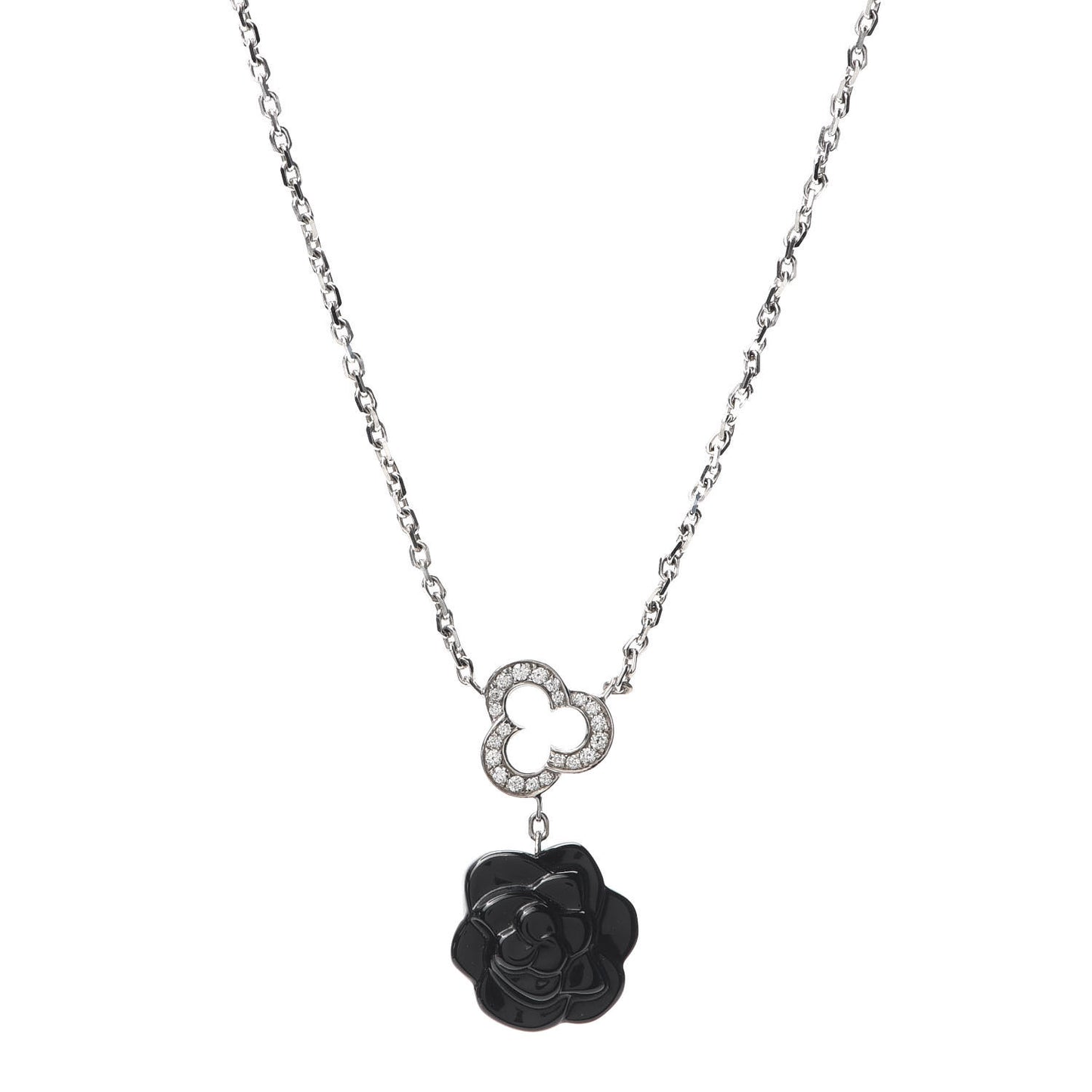 18K White Gold Diamond Black Onyx Camelia Sculpte Drop Pendant Necklace