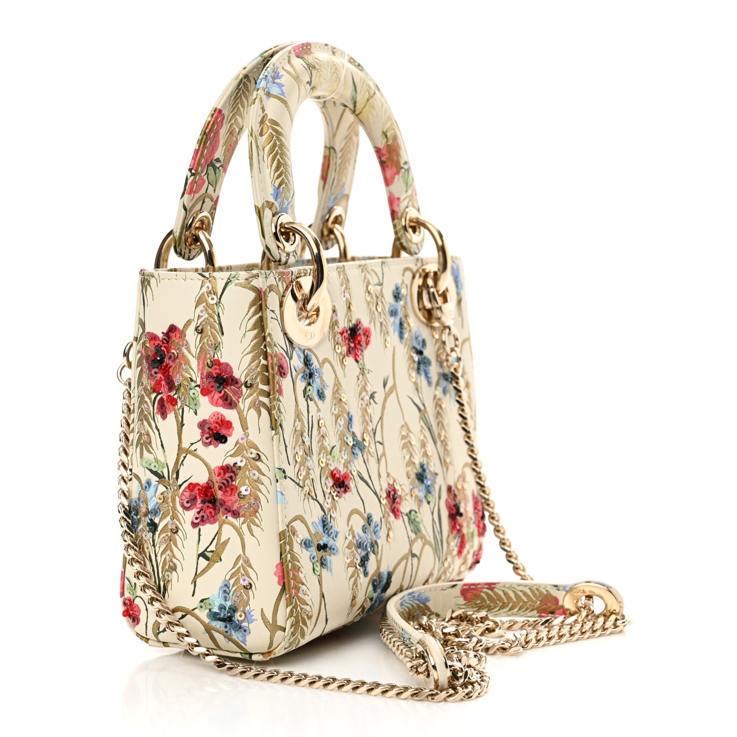 Calfskin Hibiscus Printed Embroidered Mini Lady Dior Beige Multicolor