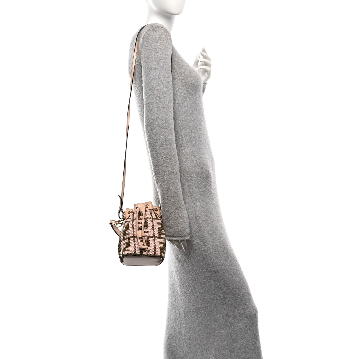 Raffia Vitello King F is Fendi FF Crochet Mini Mon Tresor Bucket Bag Natural Light Rose