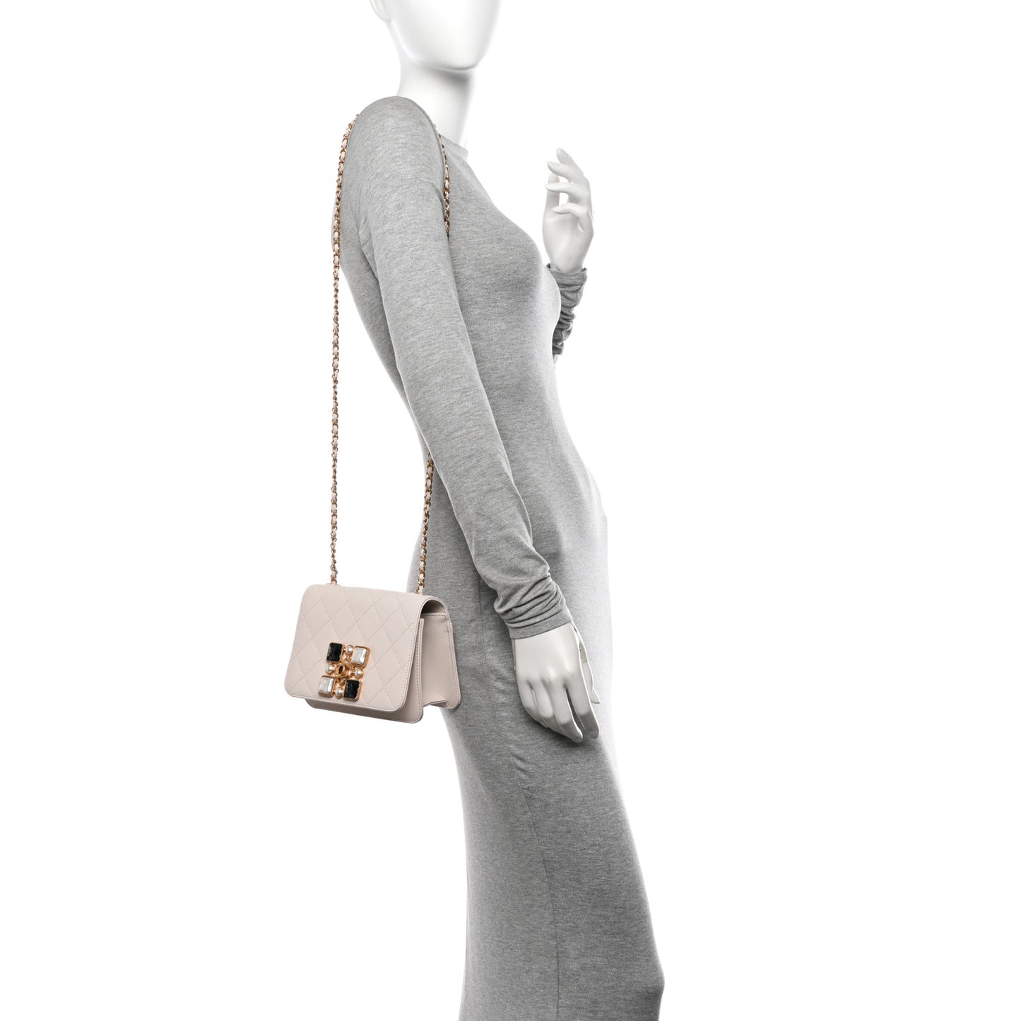 Calfskin Quilted Crystal Pearl Small Flap Bag White