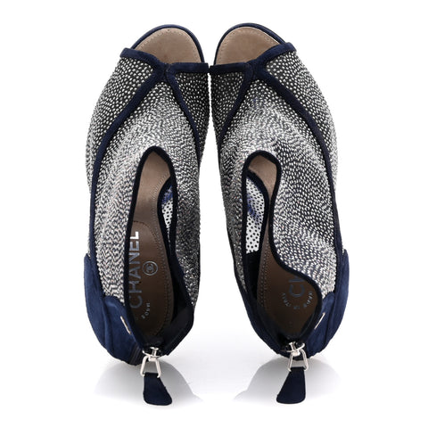 Mesh Crystal Open Toe Ankle Boots 40 Navy