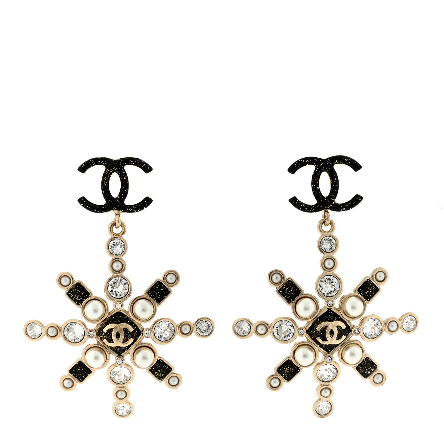 Crystal Pearl Star Glass CC Drop Clip On Earrings Gold