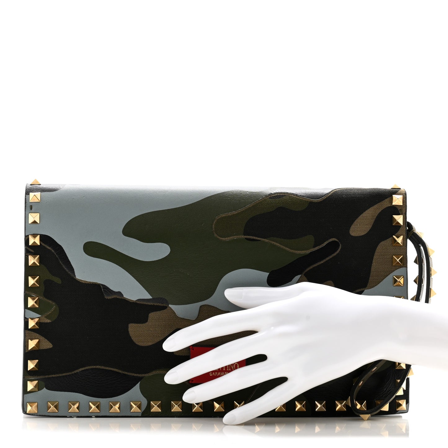 Nappa Canvas Camouflage Rockstud Wristlet Clutch Verde Rouge