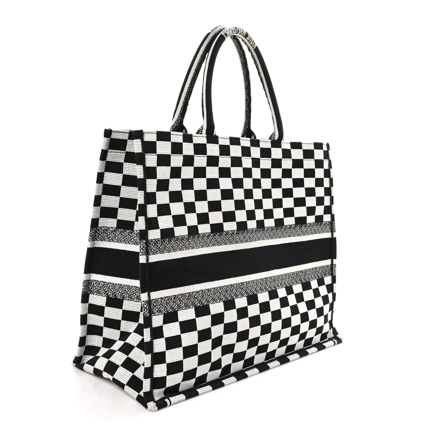 Canvas Embroidered Checkered Book Tote Black White