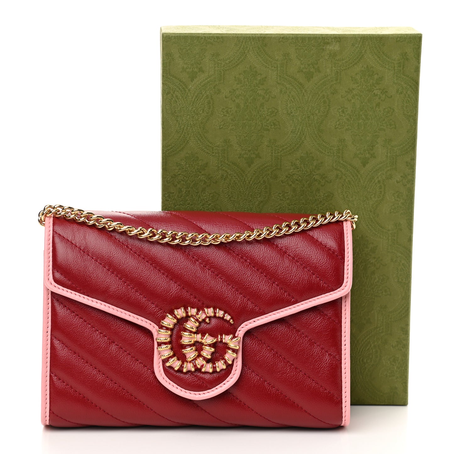 Azalea Calfskin Enamel Matelasse Diagonal Torchon GG Marmont Chain Wallet New Cherry Red Wild Rose