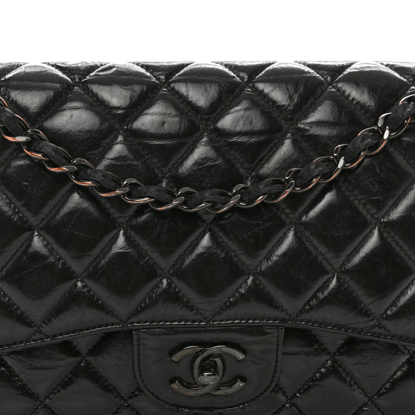 Shiny Distressed Calfskin Quilted Jumbo Double Flap So Black