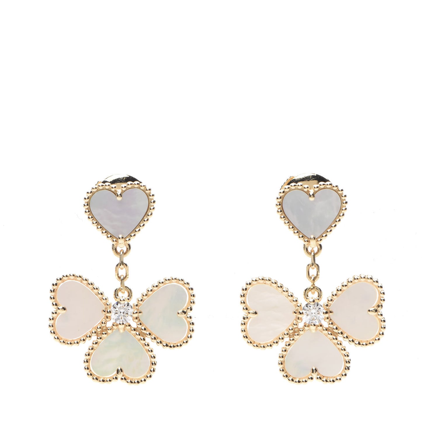 18K Yellow Gold Diamond Mother of Pearl Effeuillage Sweet Alhambra Heart Earrings