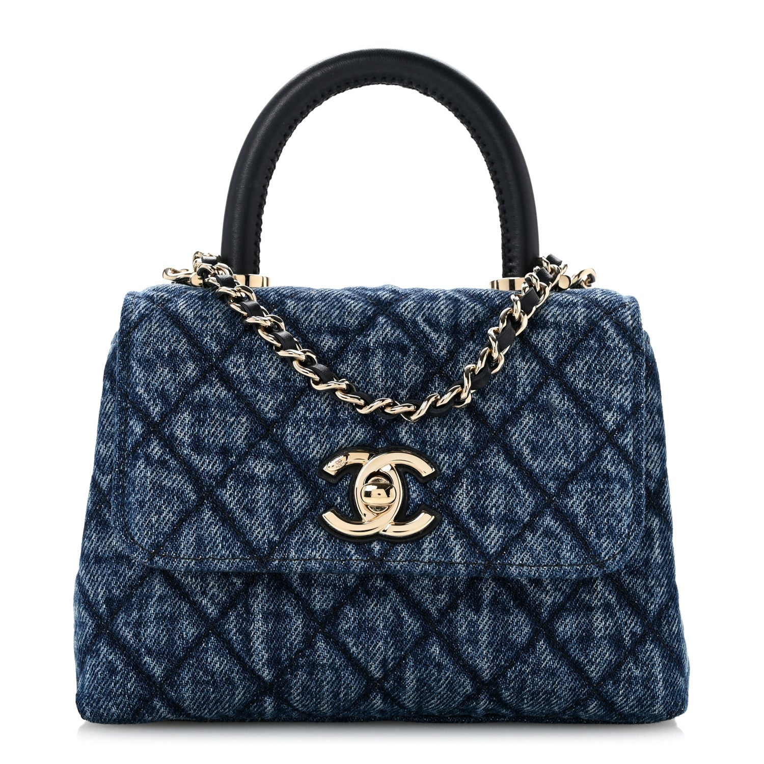 Chanel Washed Denim Calfskin Quilted Coco Handle Clutch With Chain