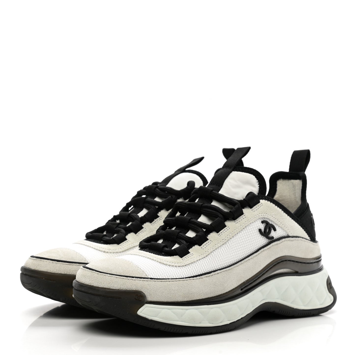 Velvet Calfskin Mixed Fibers CC Sneakers 36 White Black