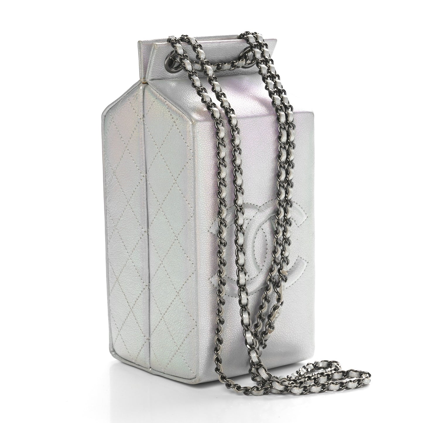 Metallic Goatskin Lait de Coco Milk Carton Bag Silver