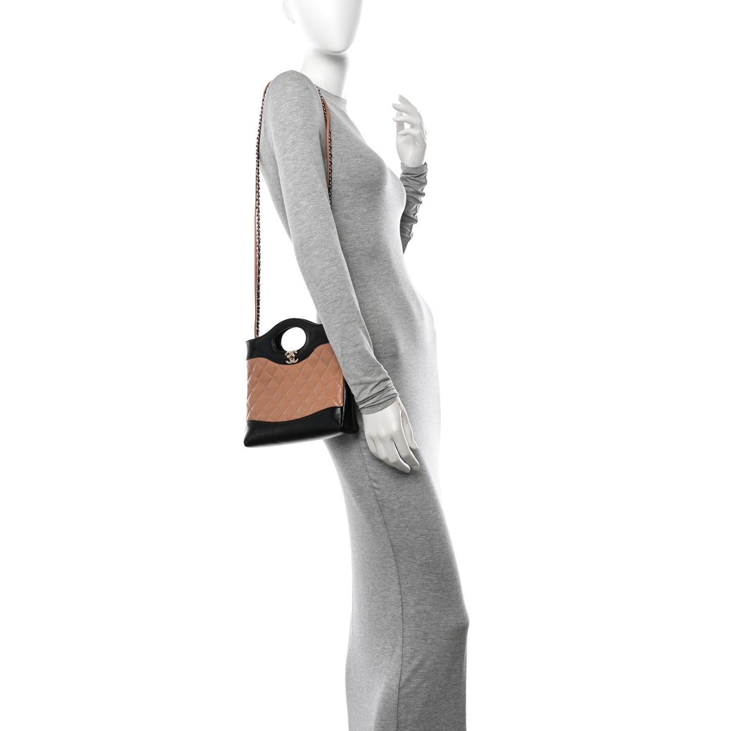 Shiny Crumpled Calfskin Quilted Mini 31 Shopping Bag Dark Beige Black