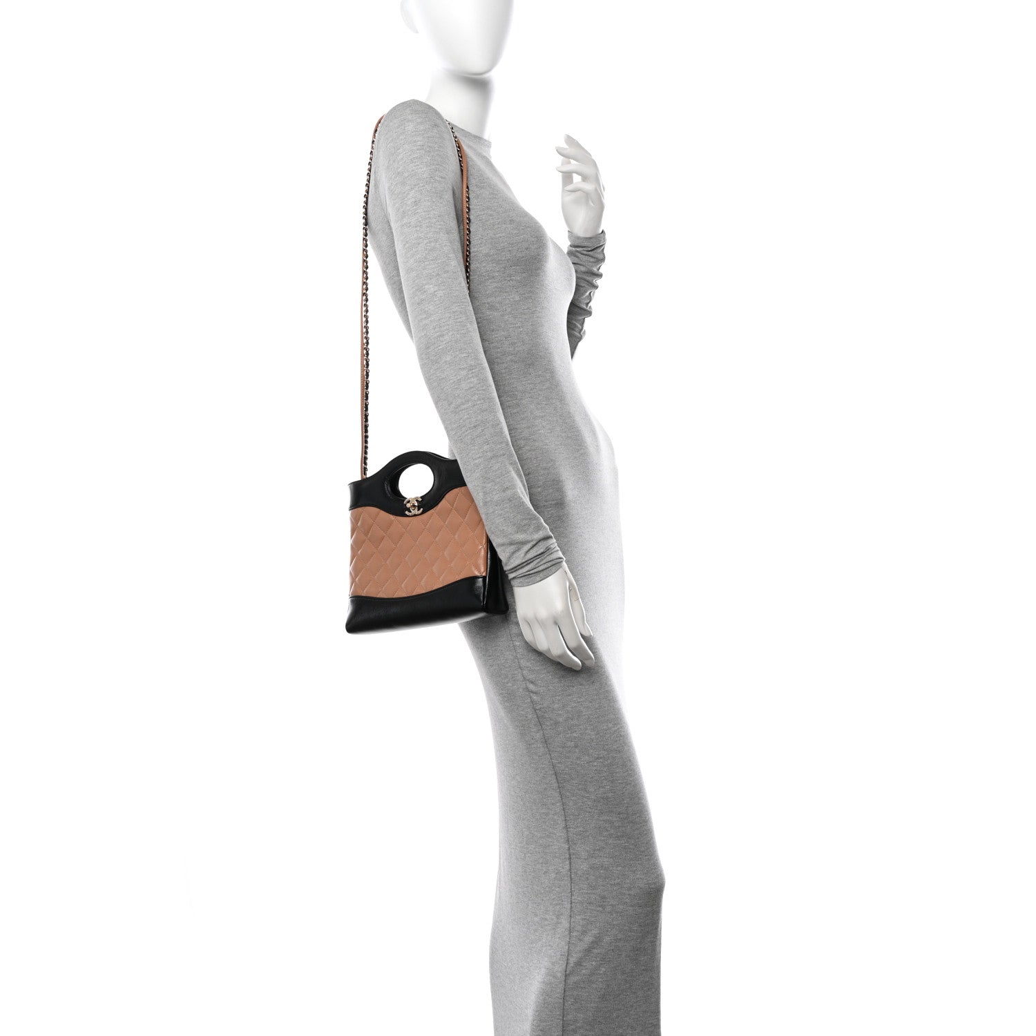 Chanel Shiny Crumpled Calfskin Quilted Mini 31 Shopping Bag Dark Beige Black 2 of 11