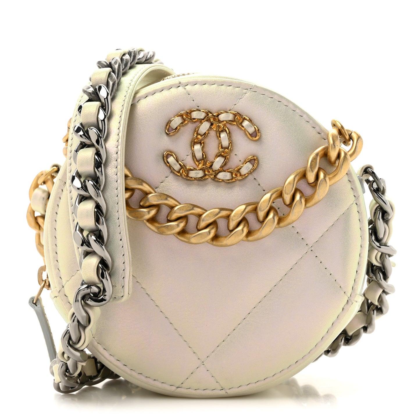 Iridescent Calfskin Quilted Chanel 19 Round Clutch With Chain White