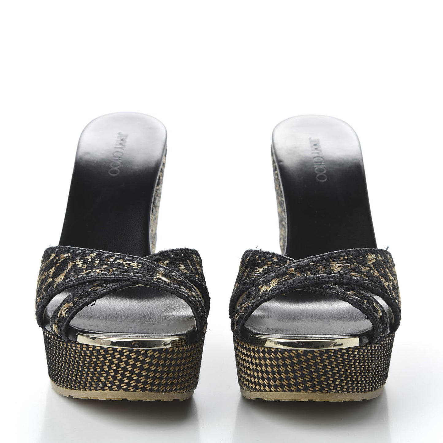Woven Raffia Leopard Print Perfume Wedge Sandals 39.5 Natural Black