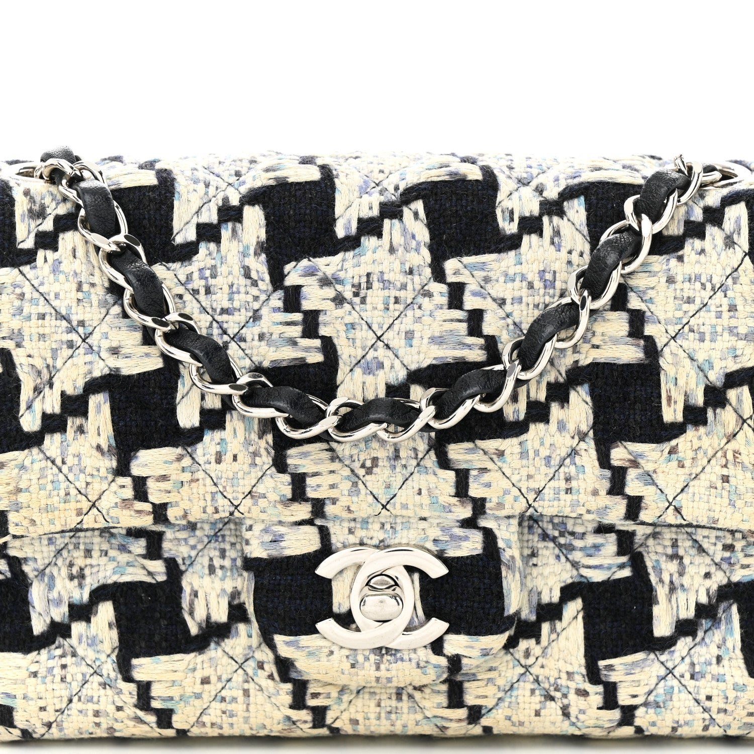 Chanel Tweed Quilted Mini Rectangular Flap Black Ecru White Blue 8 of 12