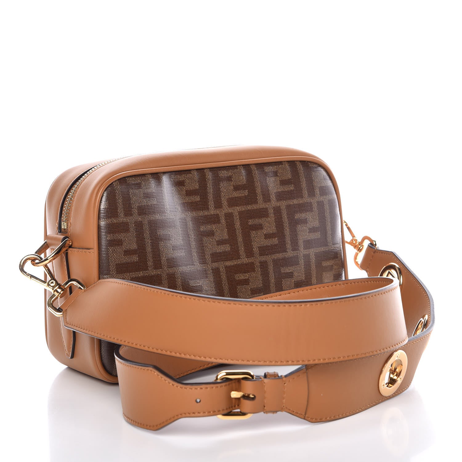 Fendi Glazed Fabric Vitello Century F is Fendi FF 1974 Stamp Patch Camera Case Mogano Panna Caramello 3 of 9
