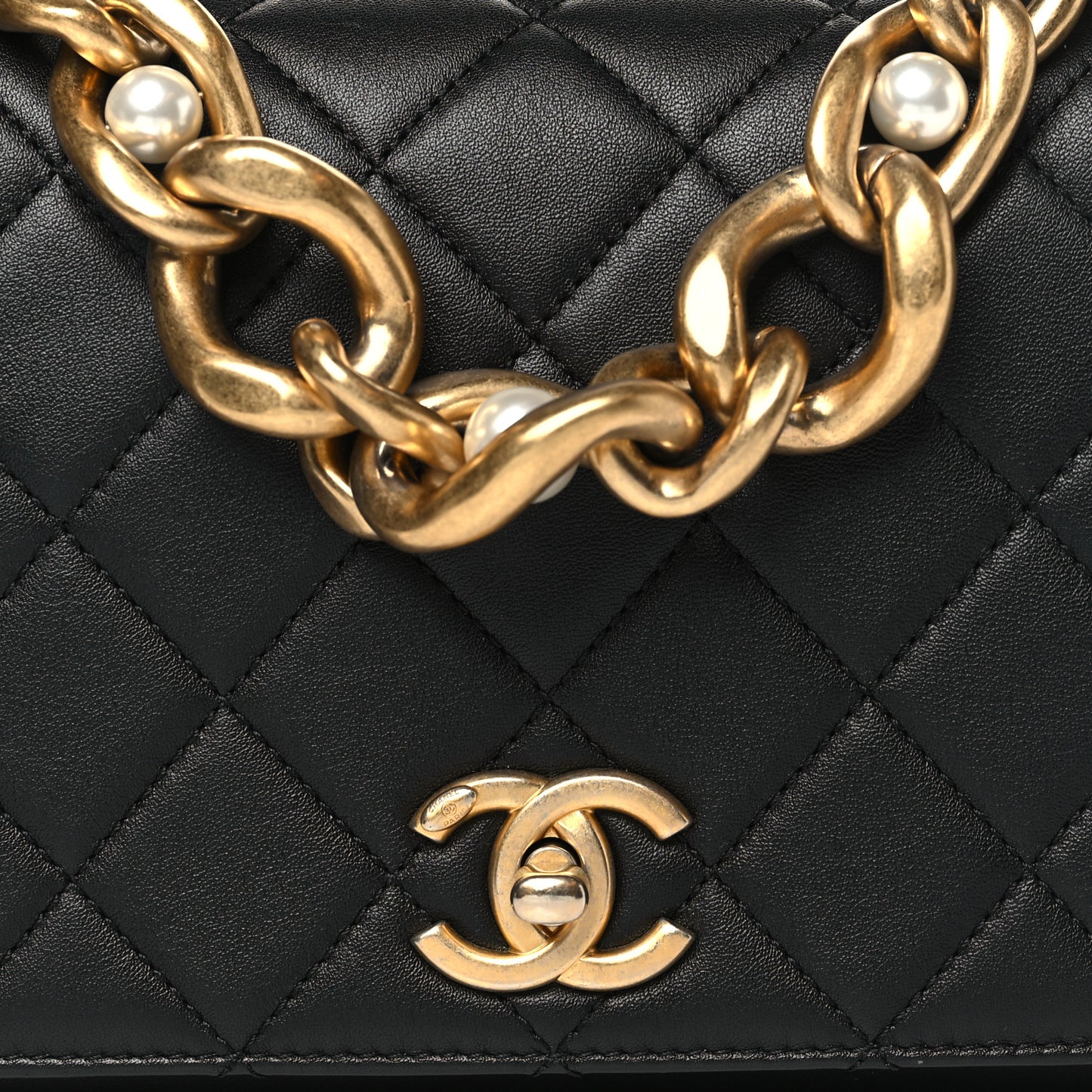 Calfskin Quilted Pearl Jewel Chain Flap Black