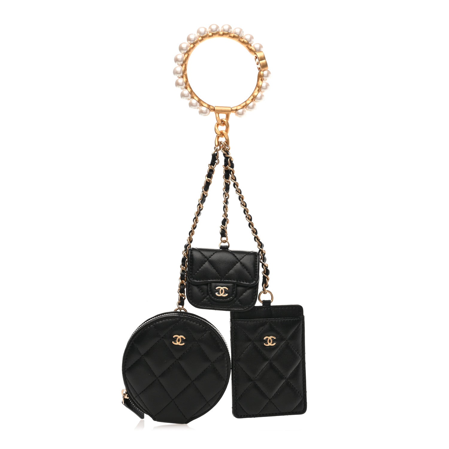 Chanel Pearl Lambskin Pearl Crown CC Wristlet Multi Pouches Black