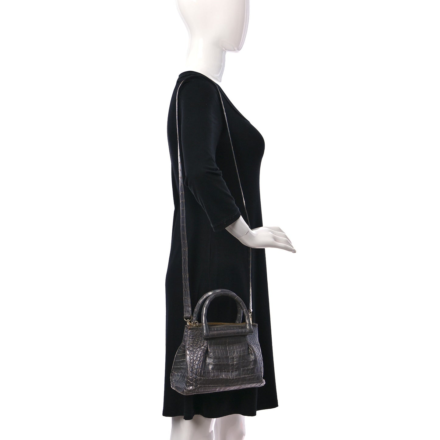 Metallic Crocodile Top Handle Shoulder Bag Anthracite