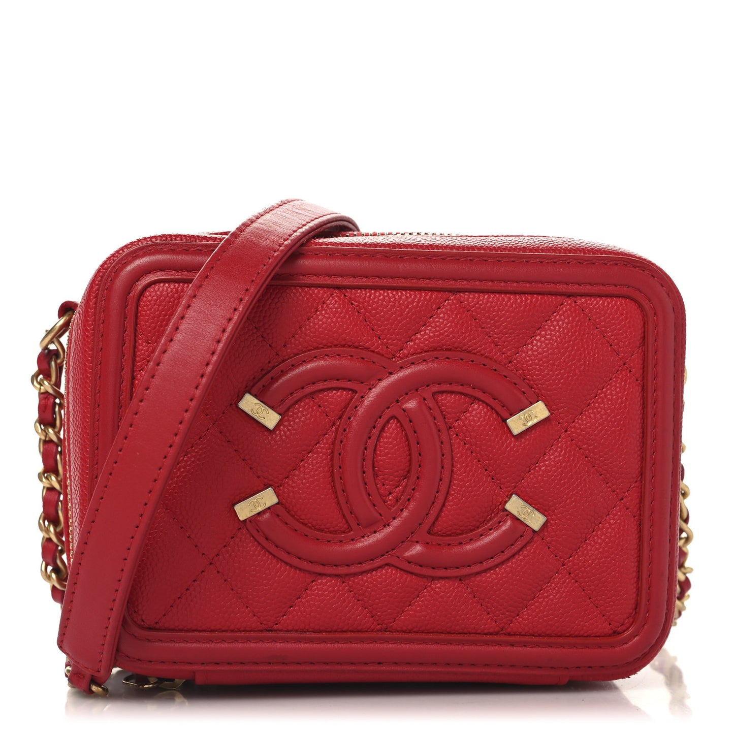 Caviar Quilted Filigree Vanity Clutch With Chain Red