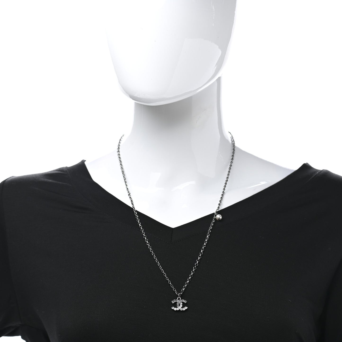 Pearl Crystal CC Pendant Necklace Silver