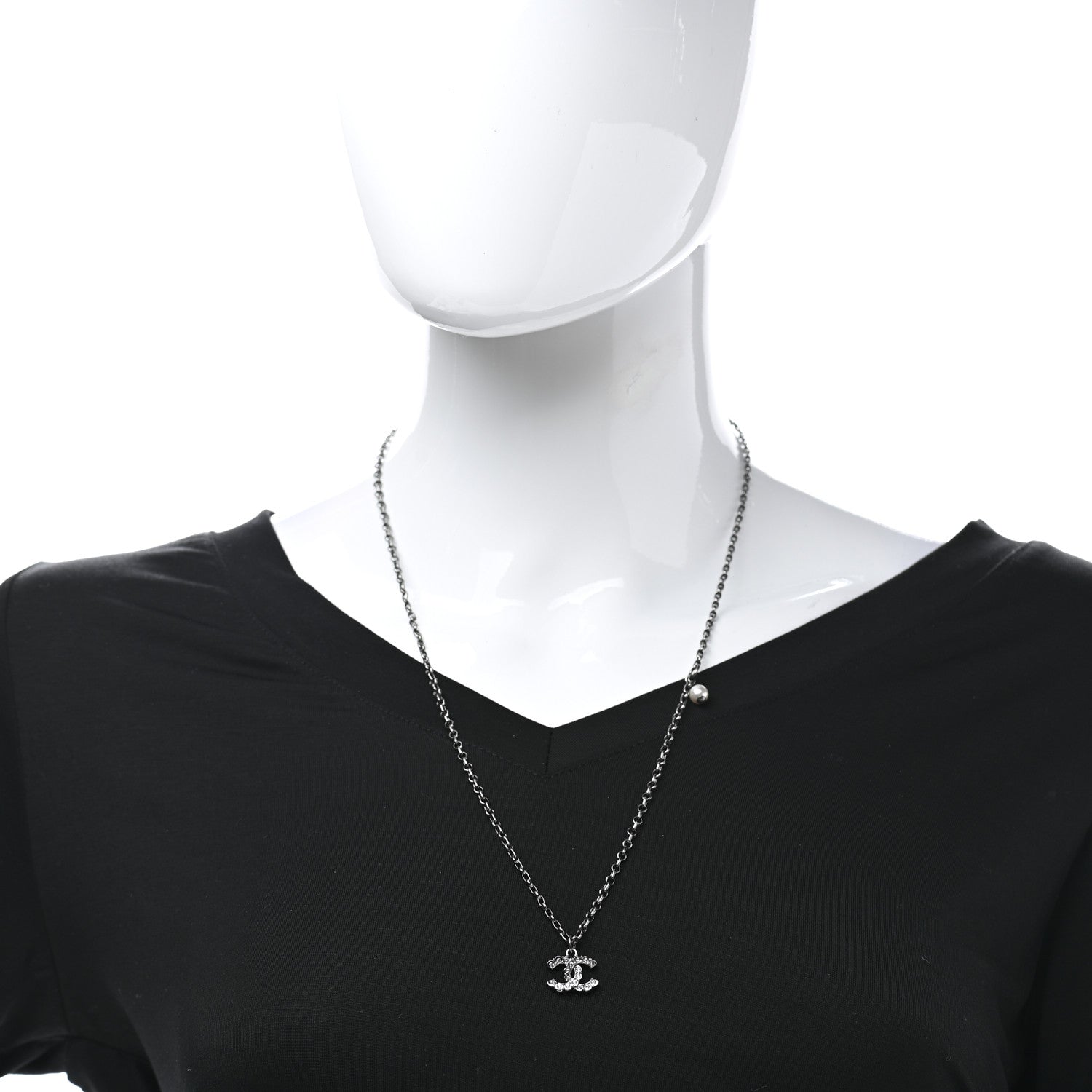 Chanel Pearl Crystal CC Pendant Necklace Silver 2 of 5