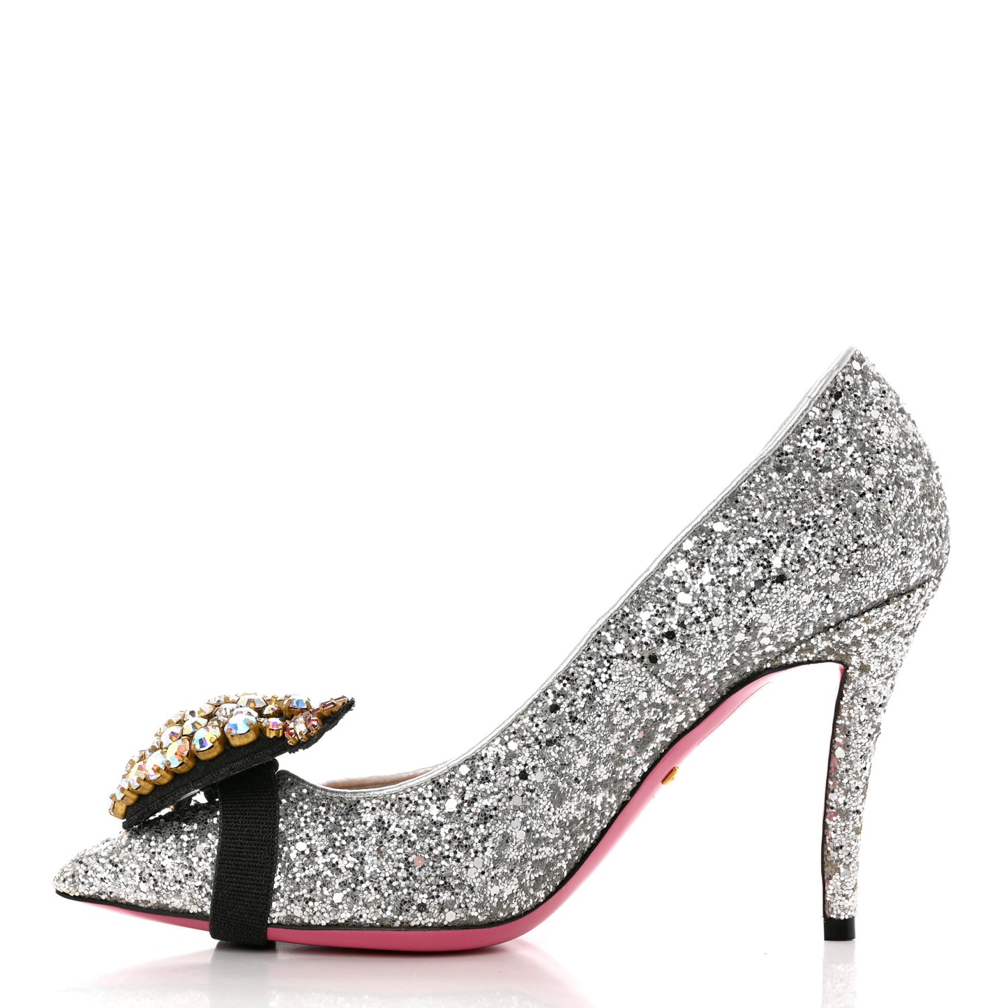 Nappa Silk Glitter Removable Crystal Heart Pumps 36 Argento