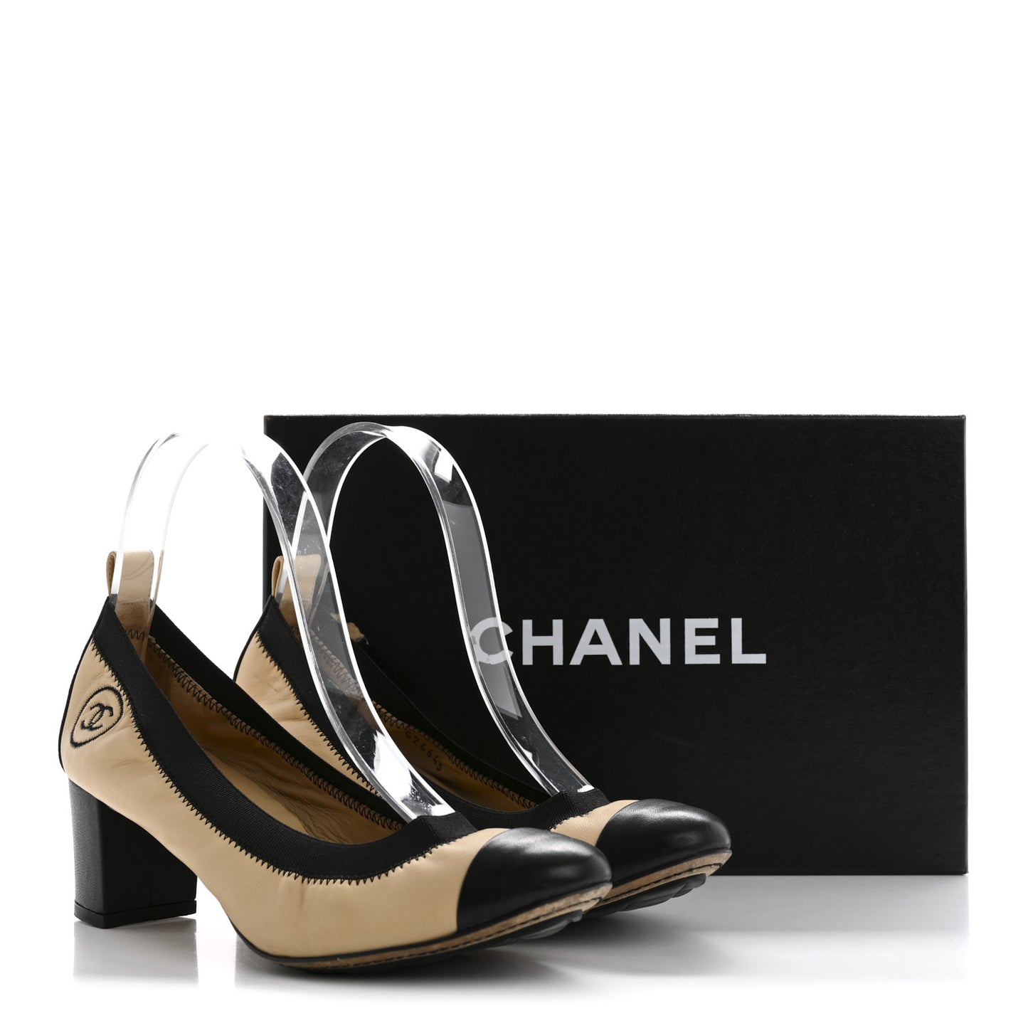Lambskin CC Elastic Stretch Pumps 37.5 Beige Black