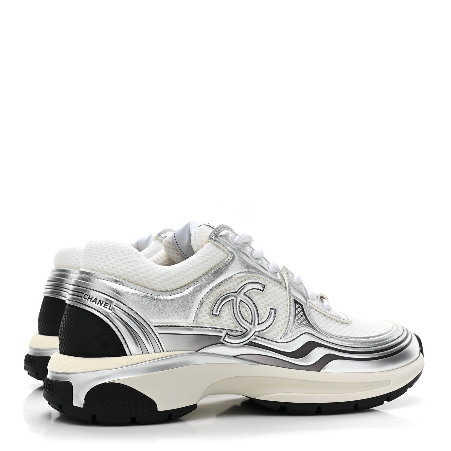Fabric Laminated Calfskin Stretch CC Womens Sneakers 38.5 White Silver