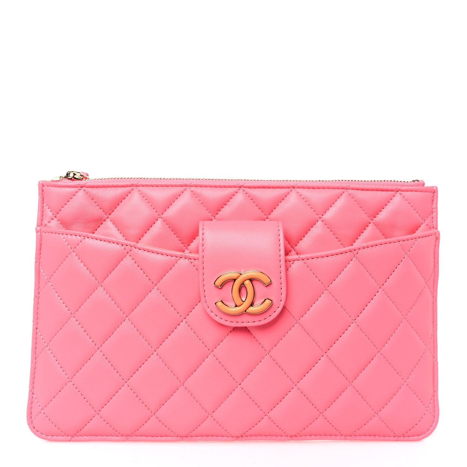Chanel Lambskin Quilted Sunset Boulevard Pouch Case Coral Orange