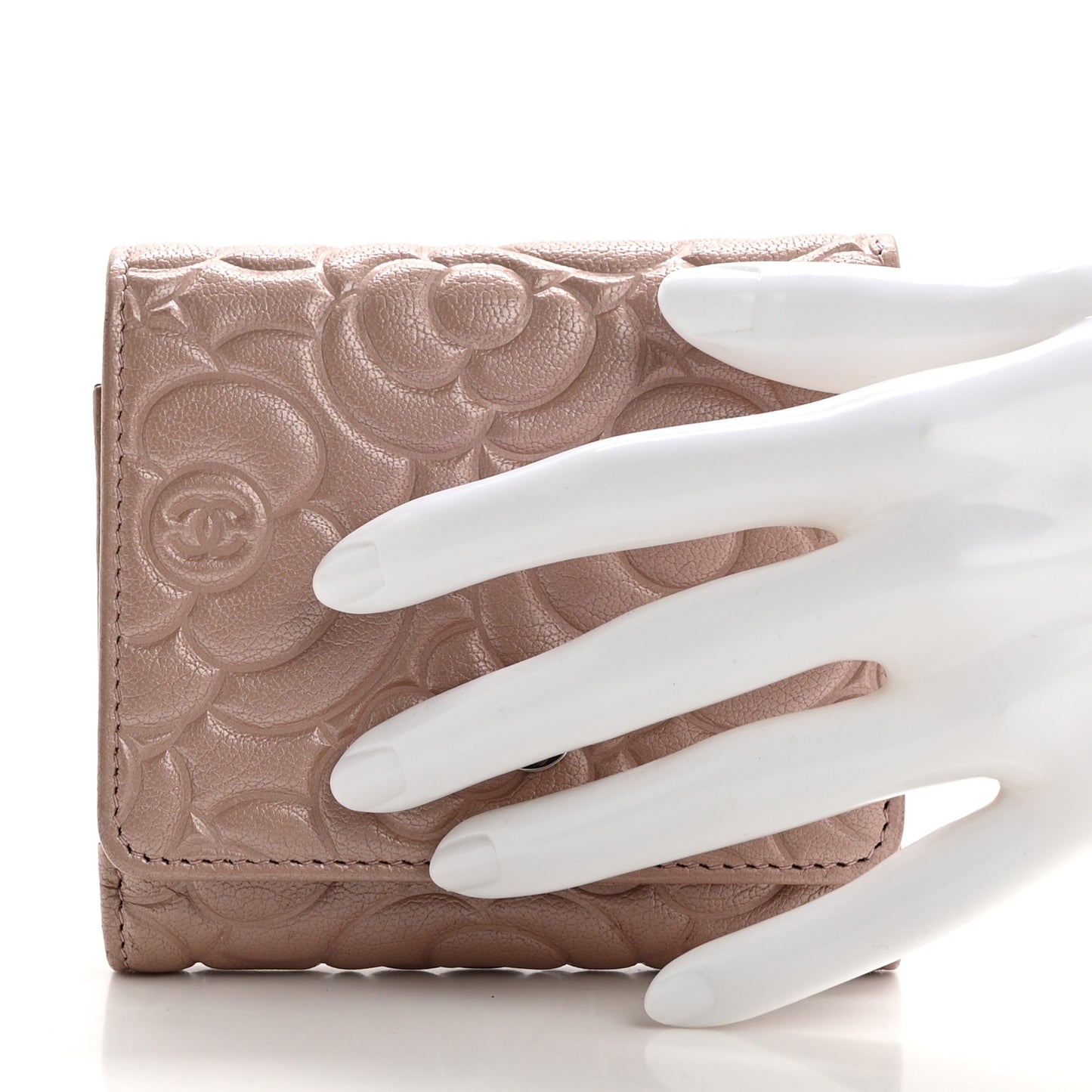 Goatskin Camellia Embossed Compact Wallet Pink