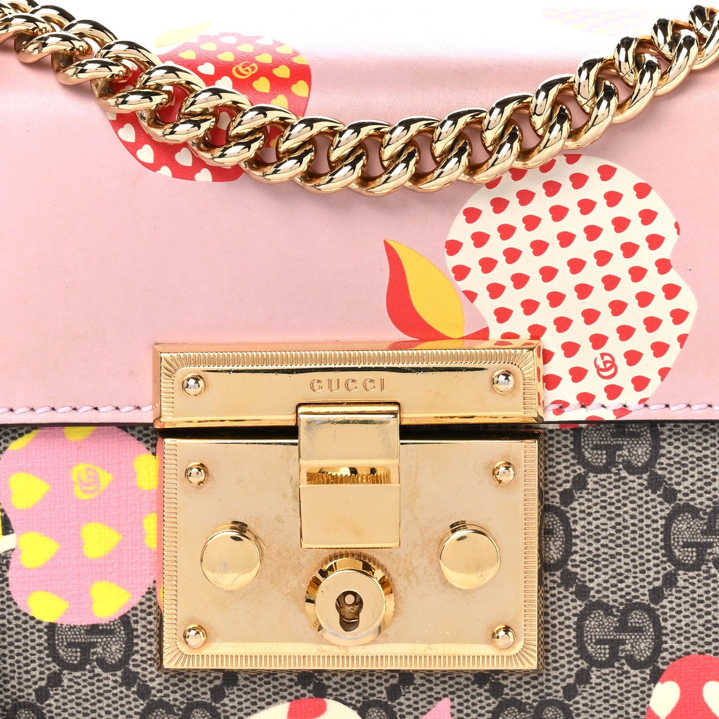 GG Supreme Monogram Les Pommes Small Padlock Shoulder Bag Beige Ebony Multicolor Pink