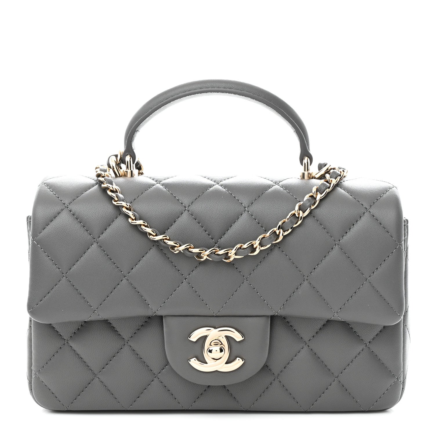 Chanel Lambskin Quilted Mini Top Handle Rectangular Flap Dark Grey