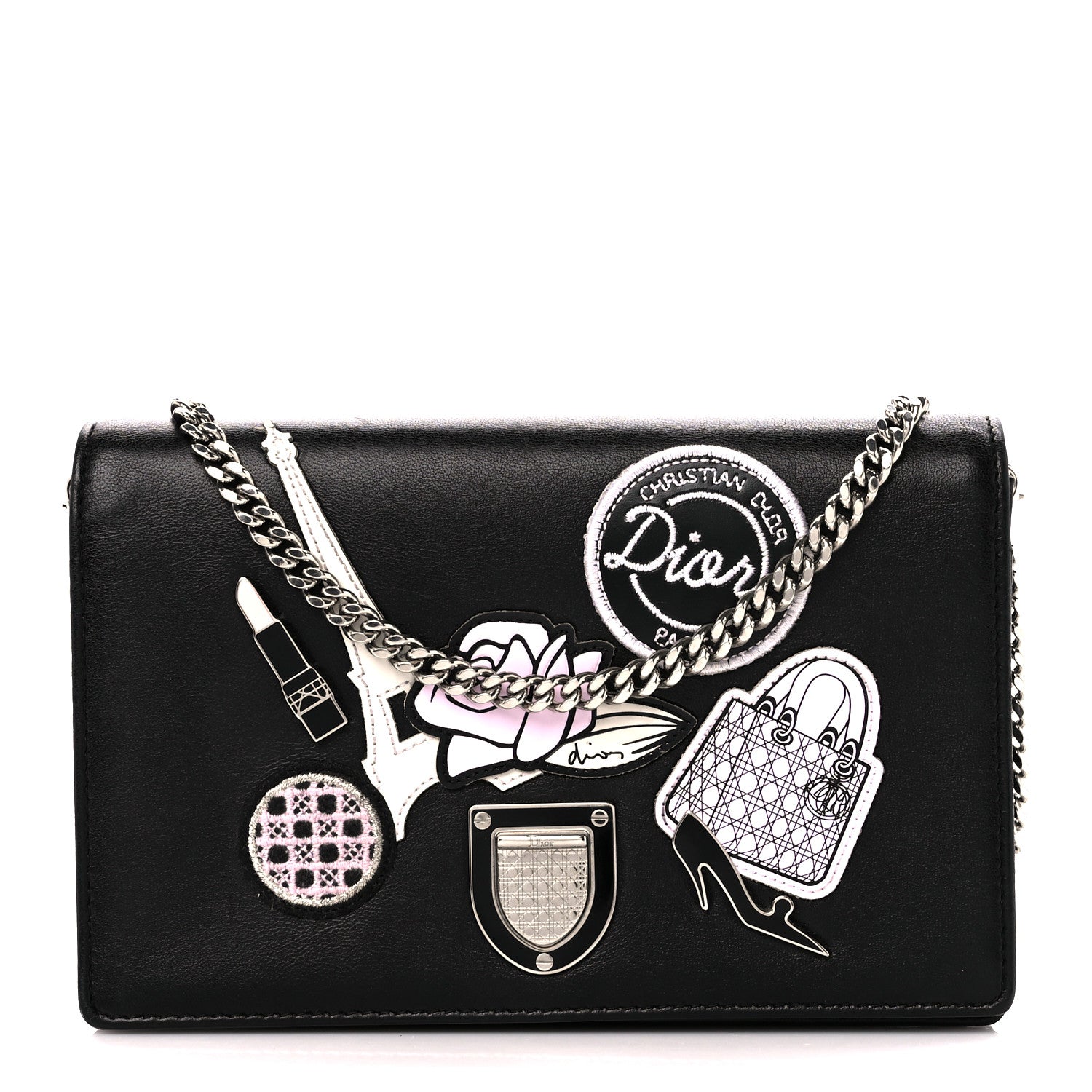 Christian Dior Calfskin Patch Embroidered Diorama Chain Wallet Black 1 of 13