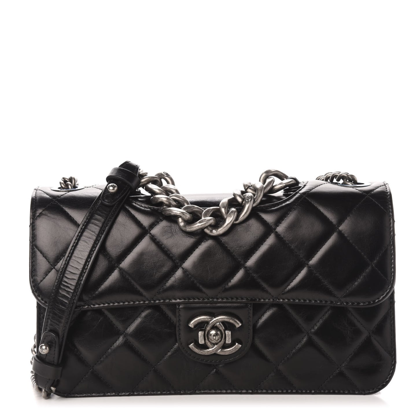 Glazed Calfskin Quilted Medium Perfect Edge Flap Black