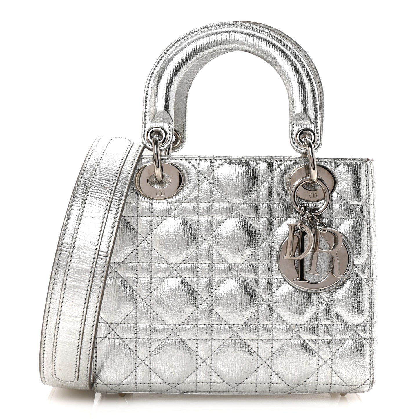 Metallic Grained Calfskin Cannage Small Lucky Badges My Lady Dior Silver