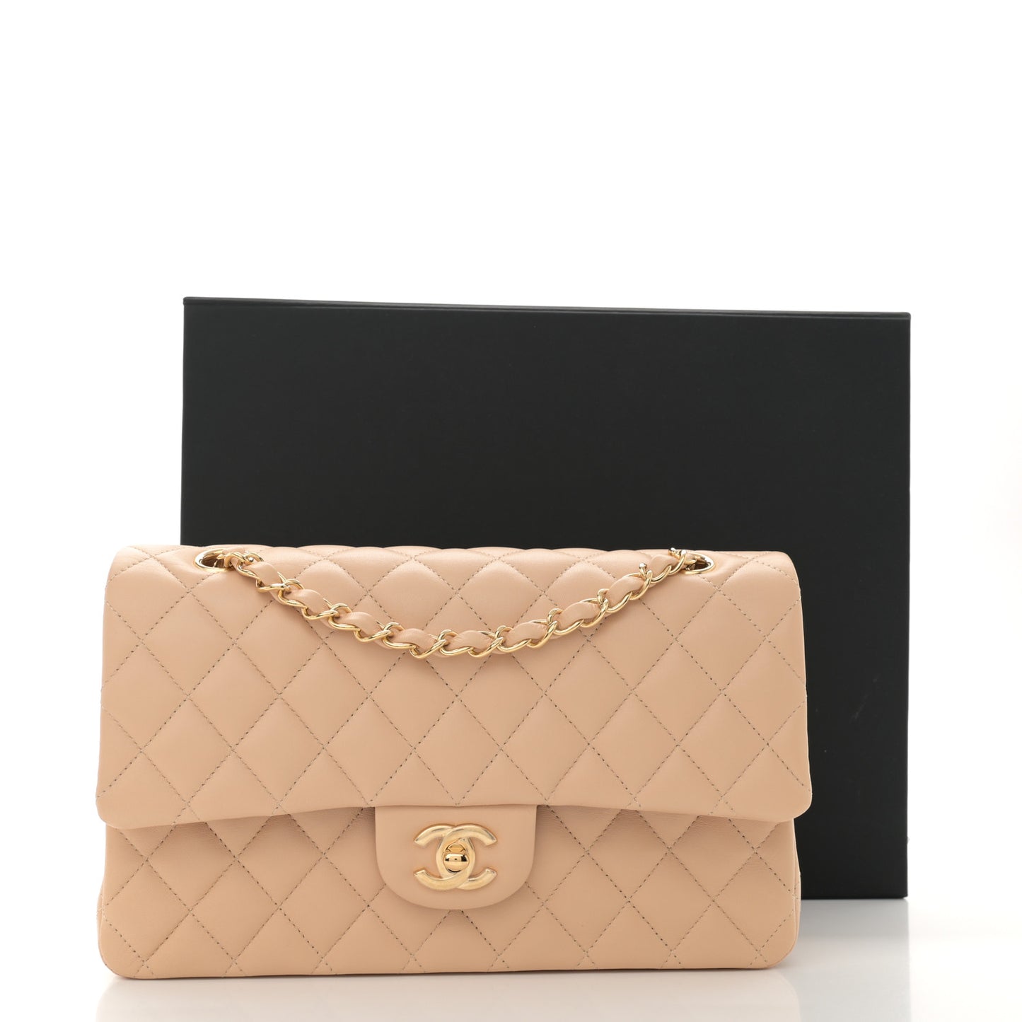 Lambskin Quilted Medium Double Flap Beige
