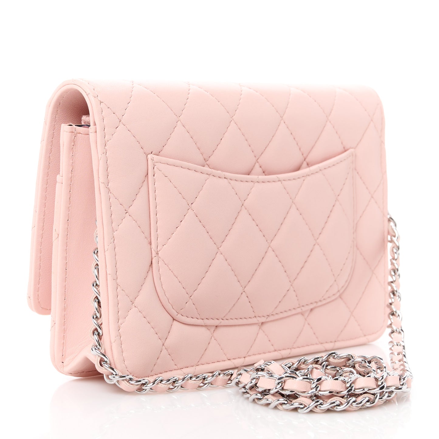 Calfskin Enamel Quilted CC Wallet On Chain WOC Pink