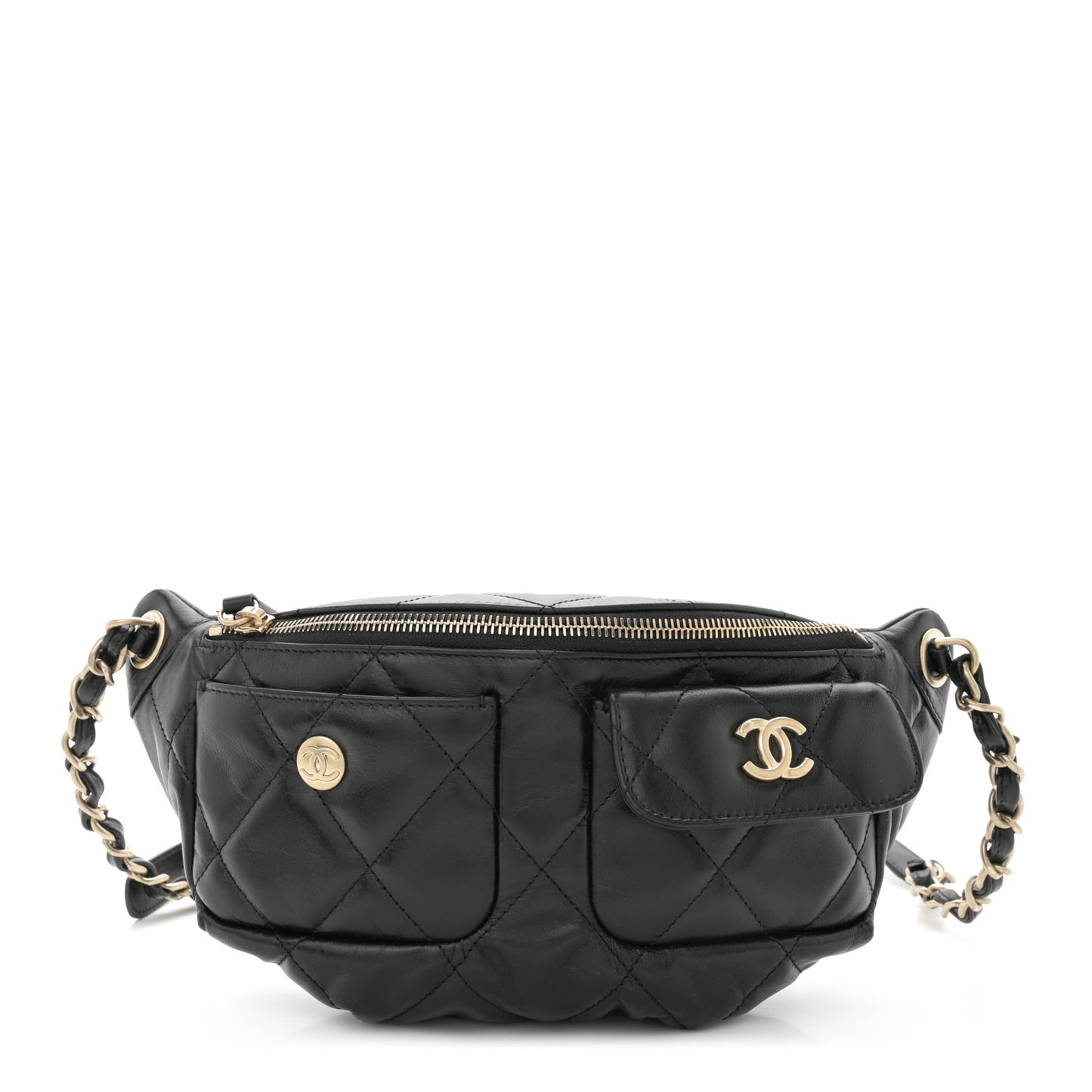 Shiny Aged Calfskin Quilted CC Pockets Jacket Waist Belt Bag Black