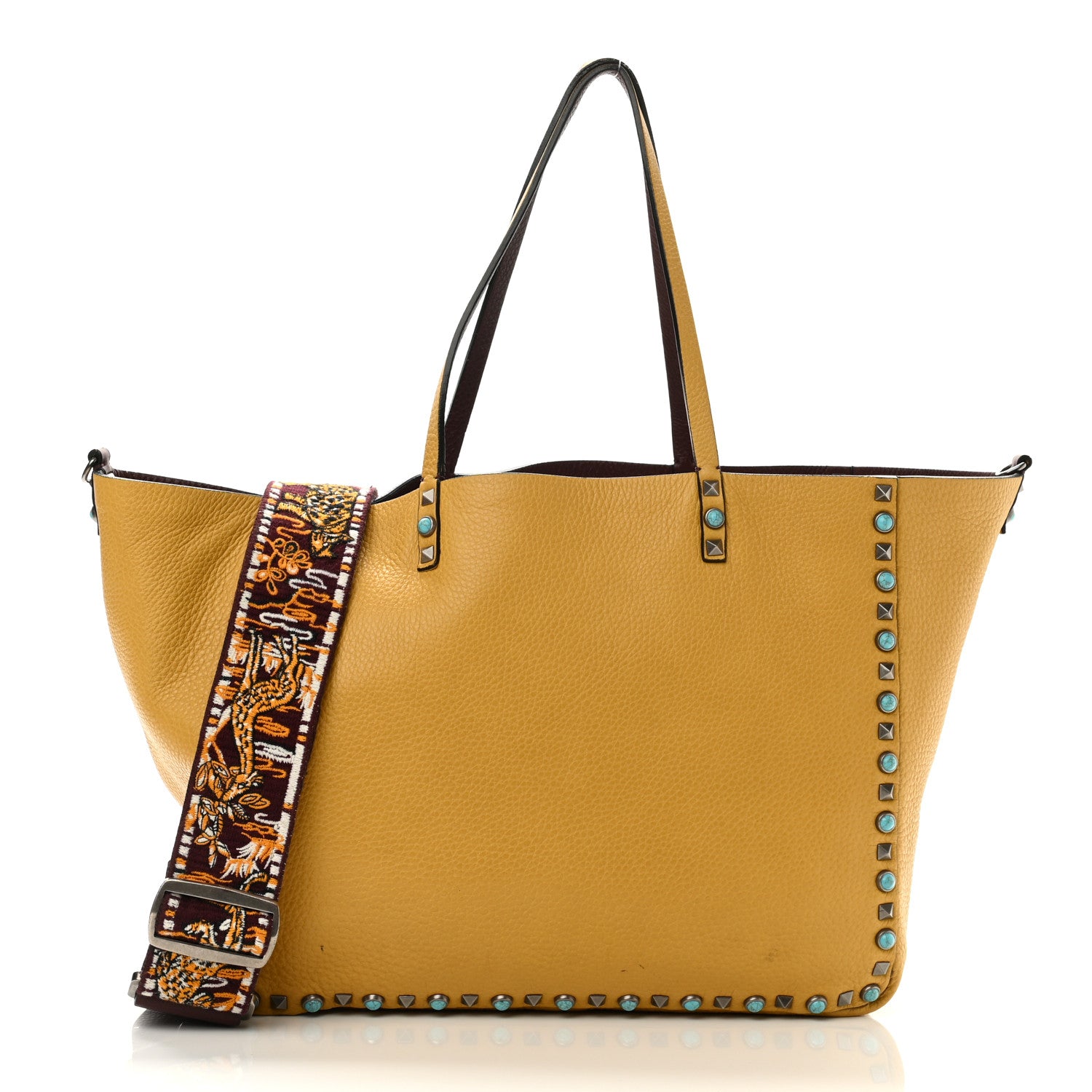 Valentino Garavani Stampa Alce Calfskin Medium Guitar Strap Rockstud Rolling Reversible Tote Wine Yellow 3 of 18