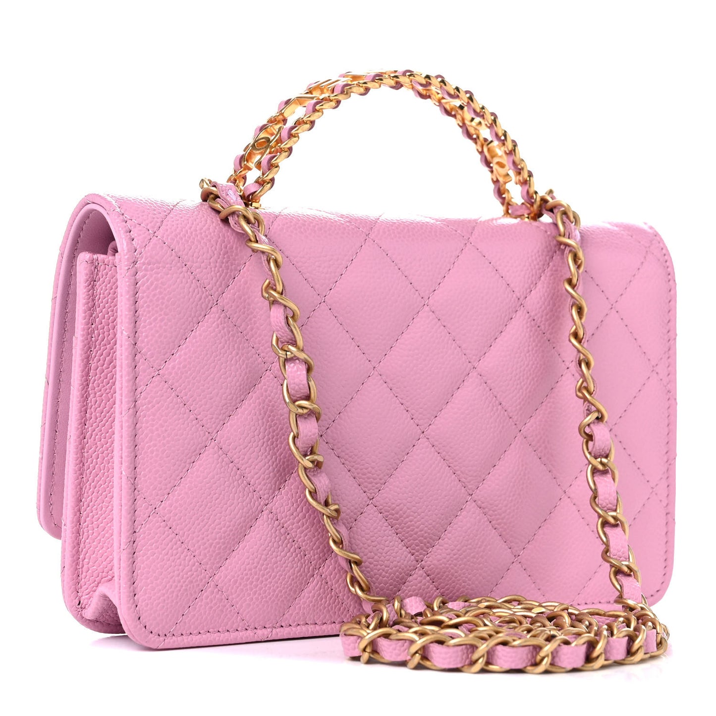 Shiny Caviar Quilted Pick Me Up Wallet On Chain WOC Pink