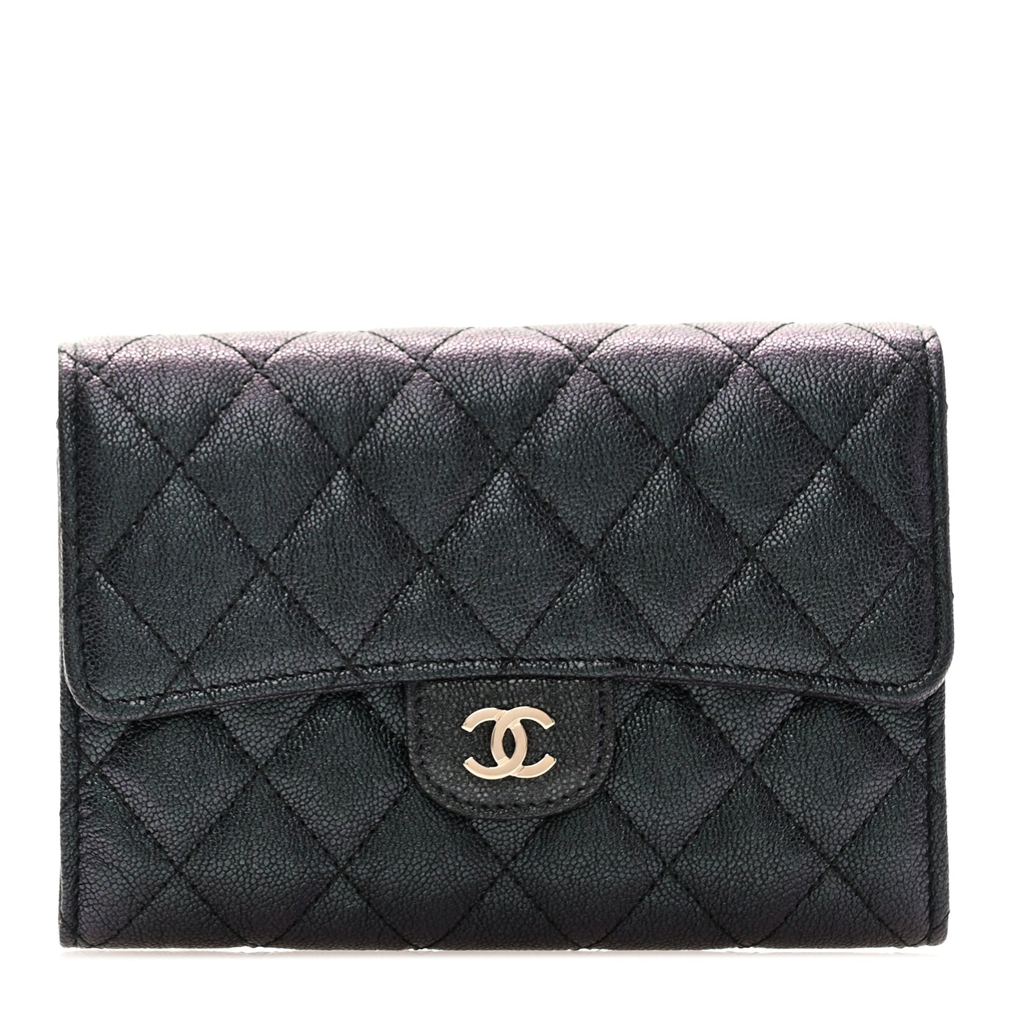 Iridescent Caviar Quilted Medium Flap Wallet Black