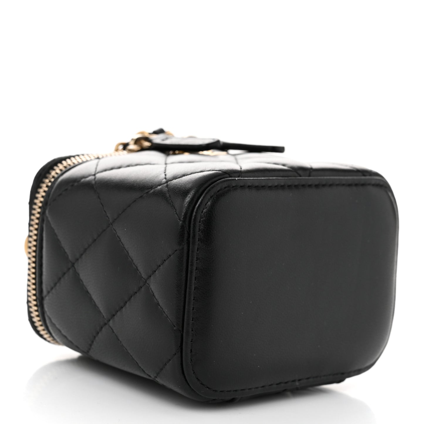 Lambskin Quilted Top Handle Mini Vanity Case With Chain Black
