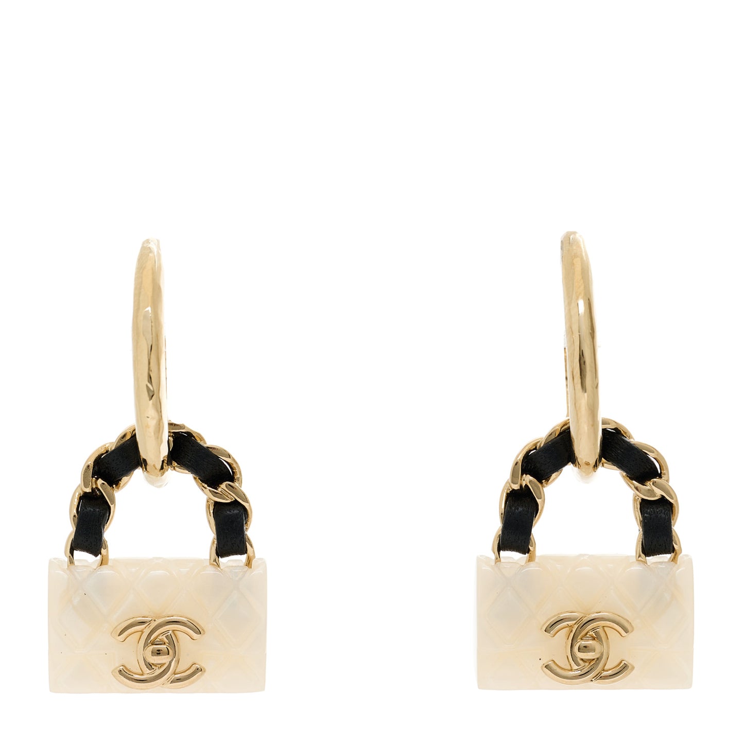 Metal Resin Calfskin Quilted CC Turnlock Chain Bag Earrings Gold Pearly White