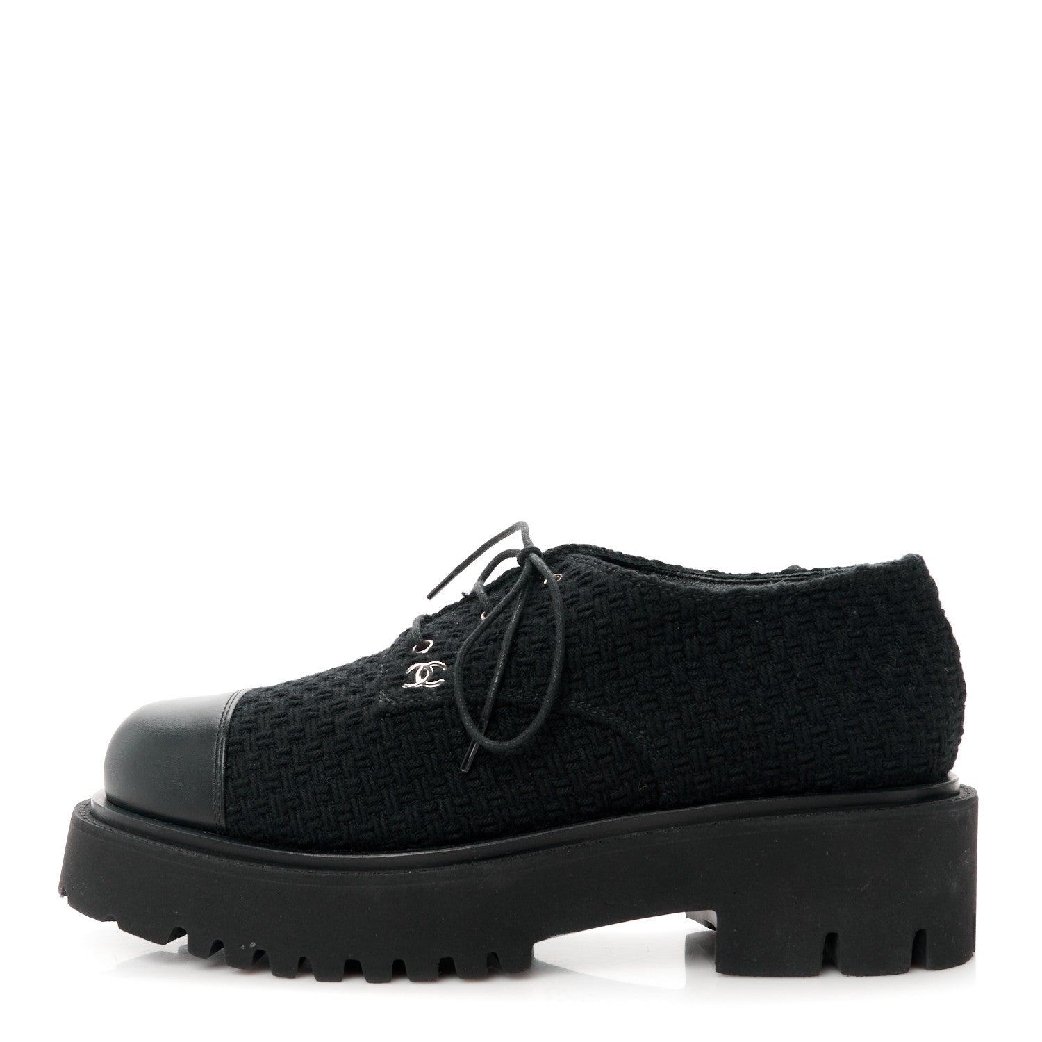 Chanel Wool Tweed Calfskin Lace-Up Loafers 38.5 Black 1621672