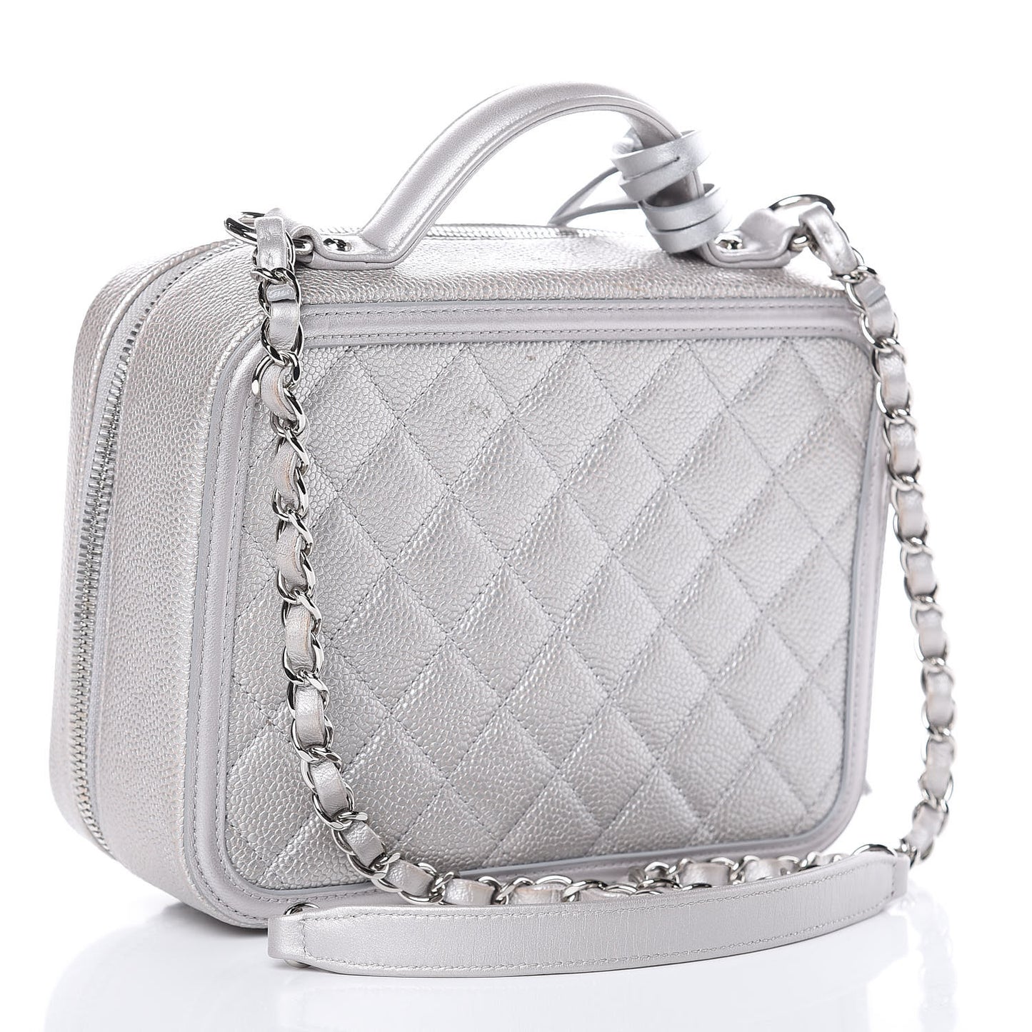 Metallic Caviar Quilted Medium CC Filigree Vanity Case Silver